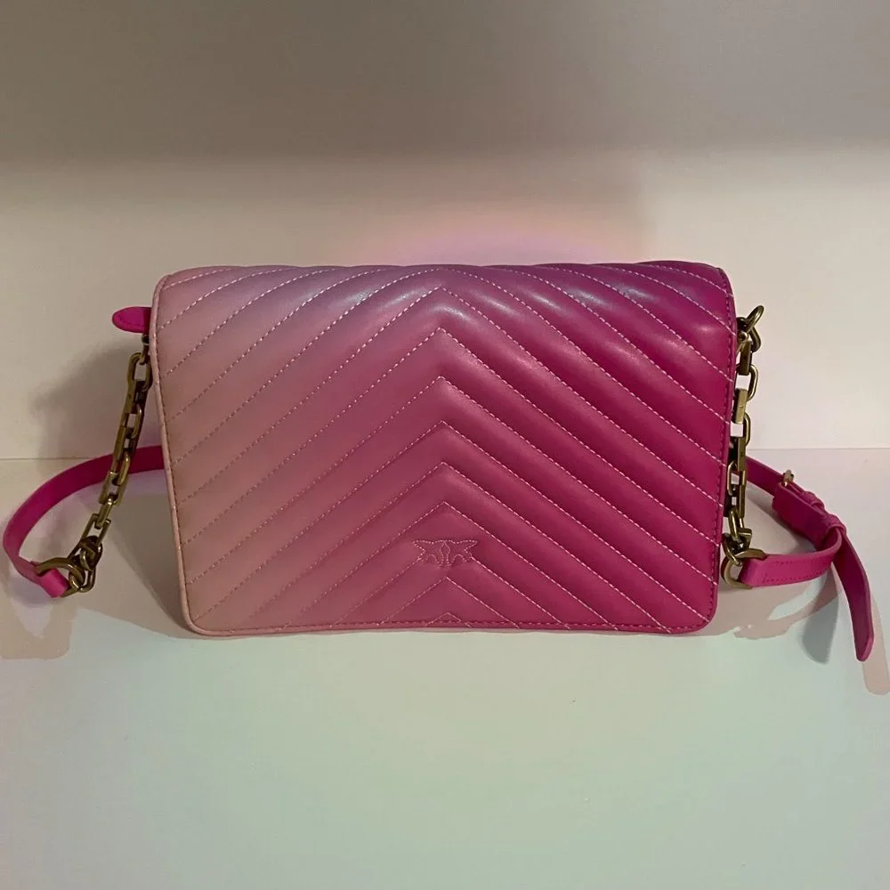 PINKO BNWT Italian Leather Pink Ombre Chevron Love Bag w Bronze Hardware + Birds - Picture 6 of 15